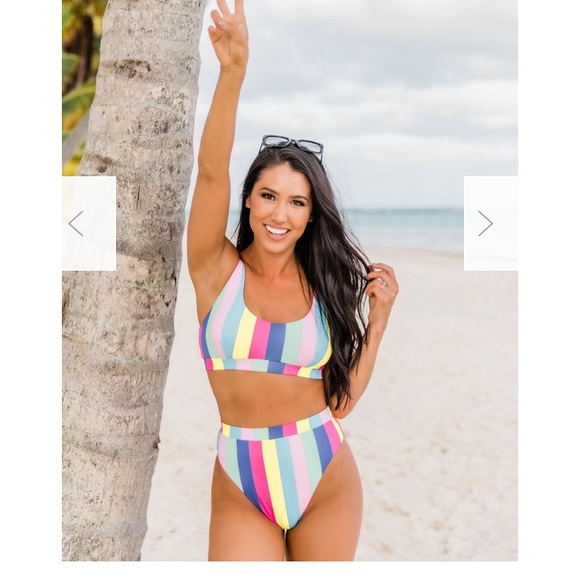 Striped High Cut High Waist Bikini Pink Lily #NWT - Picture 3 of 12